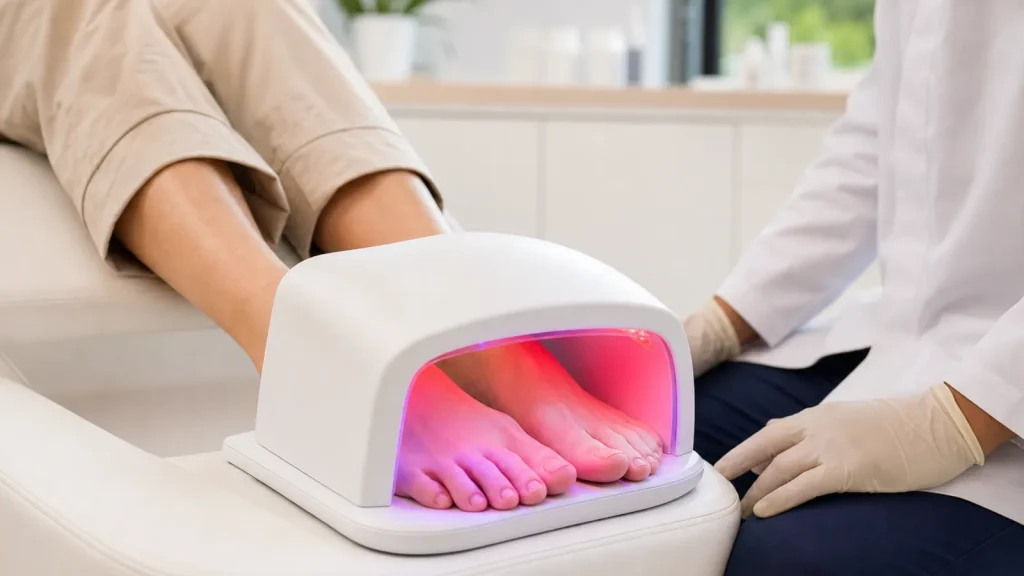 Ongles des pieds exposés au laser Lunula rouge et violet dans un environnement clinique